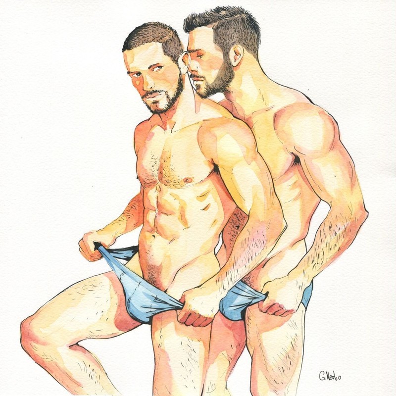 12×12″ Original Ink Watercolor Painting Drawing Gay Man Male Nude