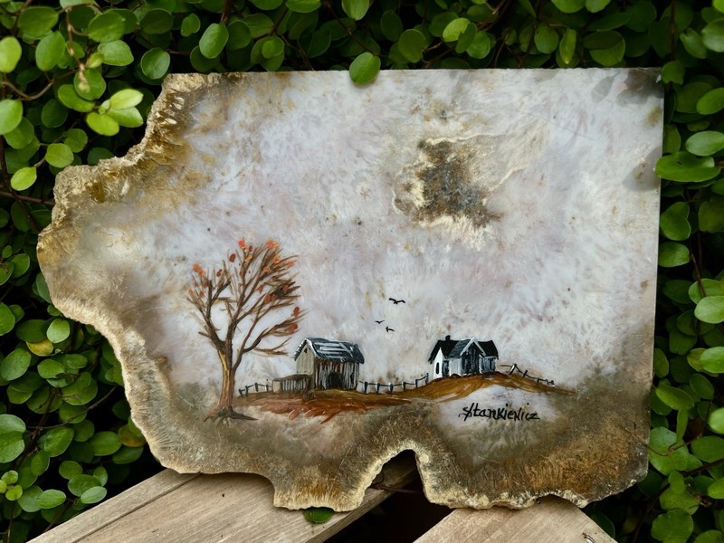 Stone Slab Hand Painted Folk Art Landscape – Signed – Rustic Farm Scene