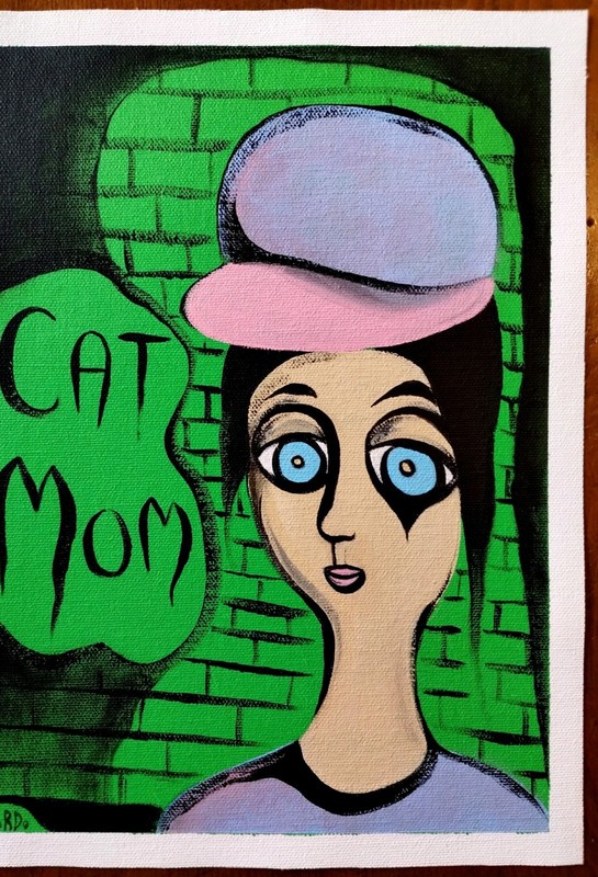 CAT MOM POP ART EXPRESSIONISM PAINTING ON LOOSE COTTON CANVAS..9 X 12 BY: JORDO gallery