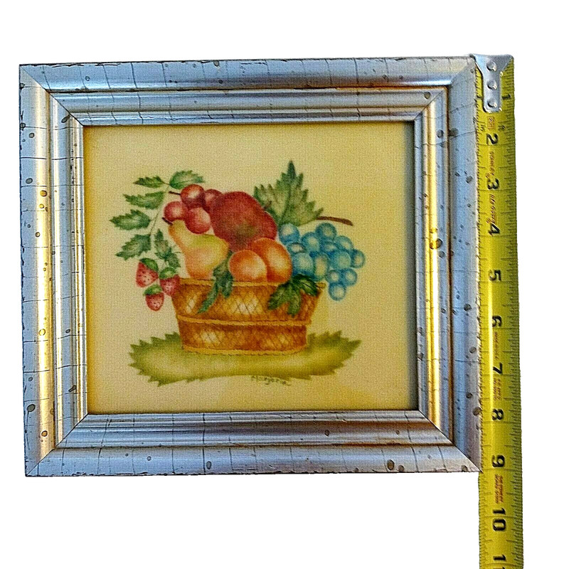 VTG Folk Art Theorem Painting Velvet Fruit Basket Signed Gold Gilt Frame Country gallery