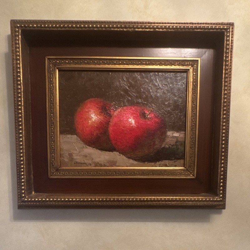 Framed Realism Oil Painting on Canvas – Two Apples Still Life, 12×16 in