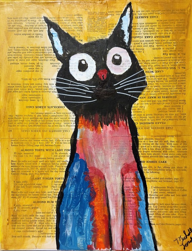 Big Eye Black Cat Painting Original Mixed Media Vintage CookBook Pages Art
