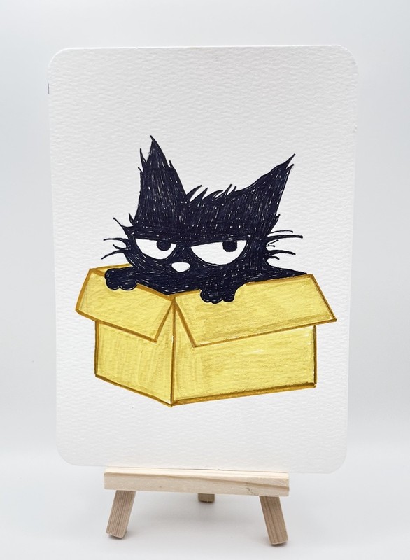 Grumpy Cat in Box 5×7 Wall Art OOAK Ink & Watercolor Paper Original Art Healy