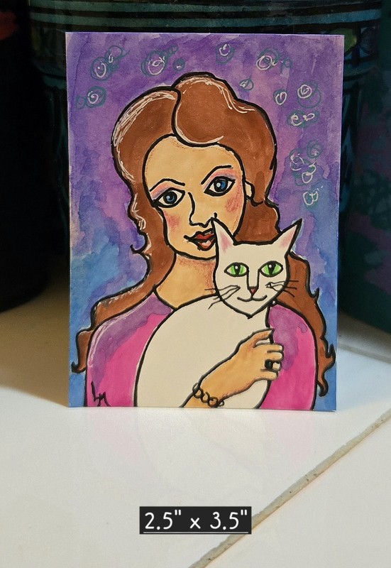 ACEO Original Art Painting Woman Holding White Cat Watercolor OOAK ATC Mini Girl gallery
