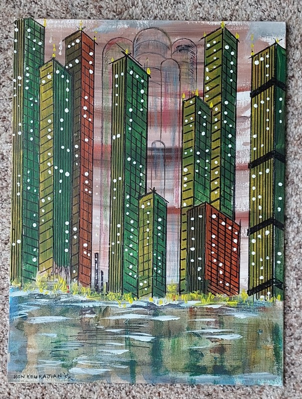 Stunning MCM Cityscape – Skyline painting – 12″x16″. Mid Century Modern style