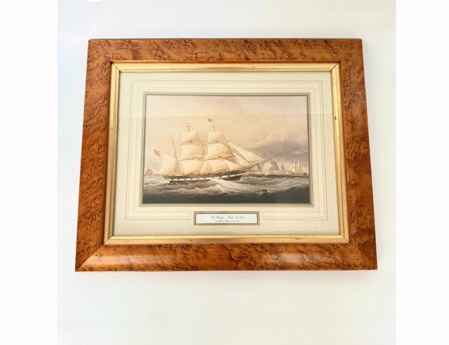 Vintage Framed British Merchant Ship Print Burlwood Frame Nautical Maritime Art