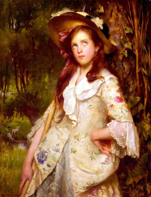 Nice Oil painting Calkin Lance The Young Shepherdess Girl in forest Hand painted