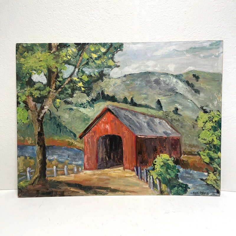 Vintage Mid Century Impressionist Painting 24×18″ Rural Covered Bridge Landscape