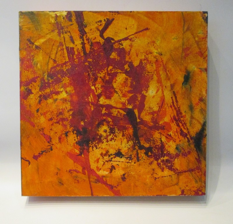 abstract green orange mixed media oil painting LW 40x40x6 cm color composition original gallery