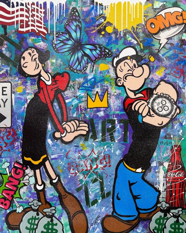 Jozza «Blue Butterfly» | Huge Original Painting w/ Diamond Dust 60×48″ | Popeye