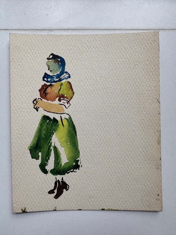 Vintage 1930’s Watercolor Painting Woman Green Dress Fashion 5 x 8 OOAK