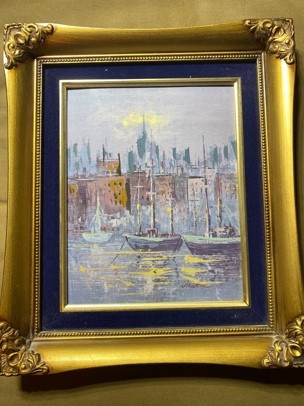 «Coastal Landscape With Moored Boats Scene» Oil On Board – Signed And Framed
