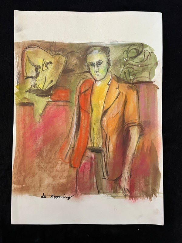 WILLEM DE KOONING drawing and painting on old paper signed stamped vintage