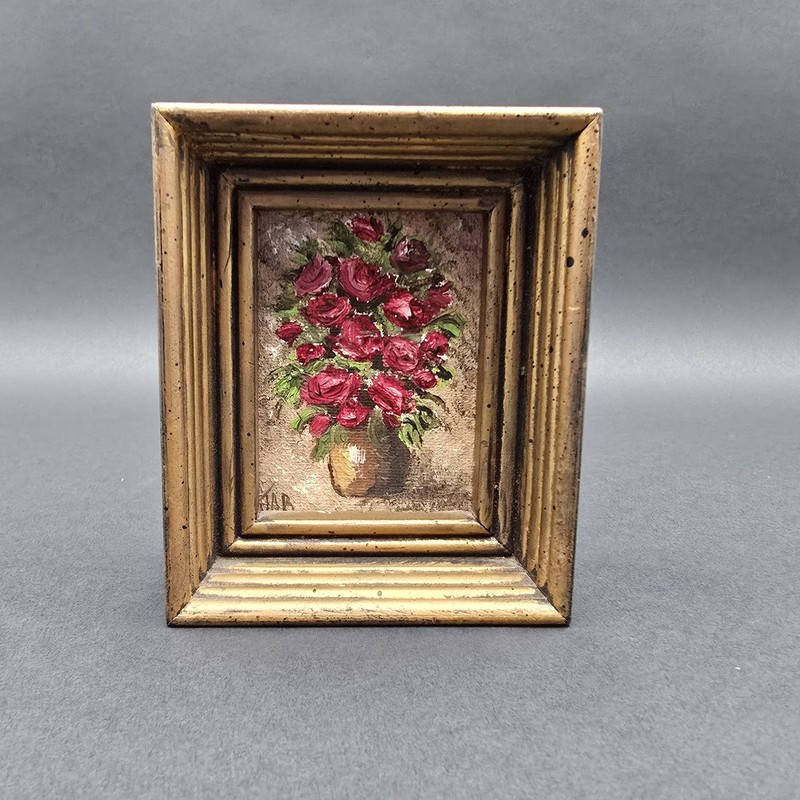 Vintage ORIGINAL Miniature Rose Bouquet Painting 4.25 in Signed Judy Balthazar gallery