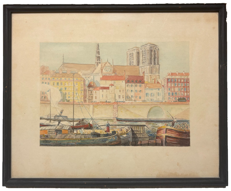 Vintage 1926 Harold Lebovidge NOTRE DAME Across Seine PARIS Cityscape PAINTING
