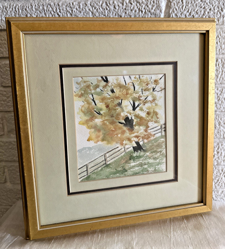 VINTAGE FRAMED ORIGINAL WATERCOLOR PAINTING LANDSCAPE FALL TREE SIGNED 13X13