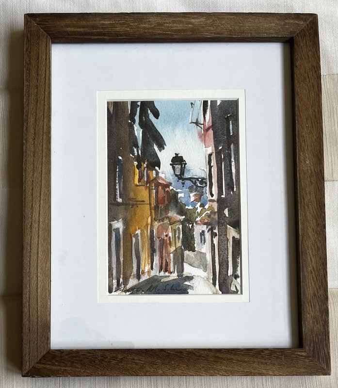 1990s Portuguese Watercolor of Street Scene by Anontio M. Silva, Framed gallery