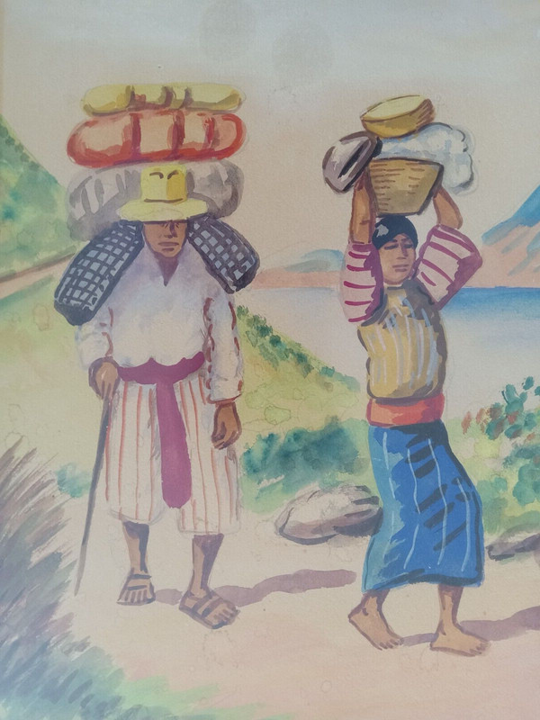 Guatemalan Man and Woman on Path - Solola. Painting. Cypress Frame gallery