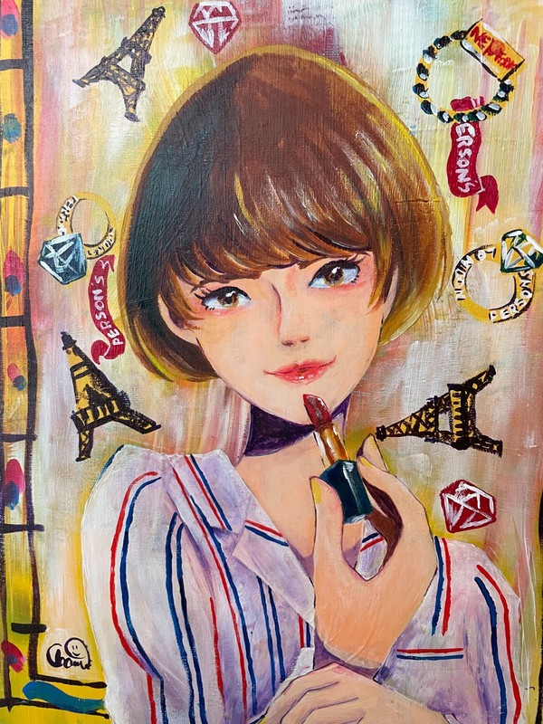 Original Acrylic Painting, Fashion Pop Art, Japanes,P10 Size (530x410mm)