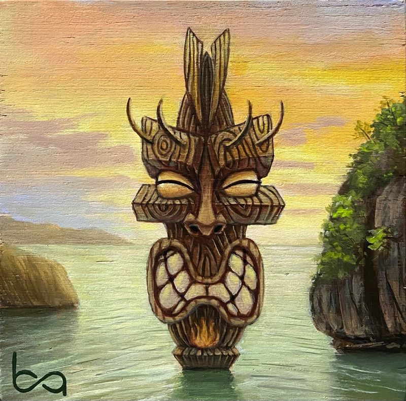 Khao Phing Khan Tiki 4×4″ Acrylic Original Tiki Bar Tropical Art on Wood Panel