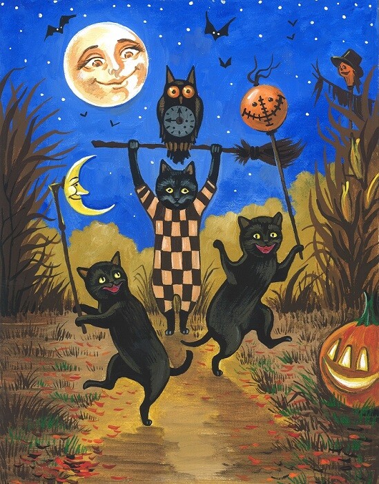11X14 PRINT OF PAINTING HALLOWEEN BLACK CAT WITCH OWL CORN MAZE folk art farm 🎃