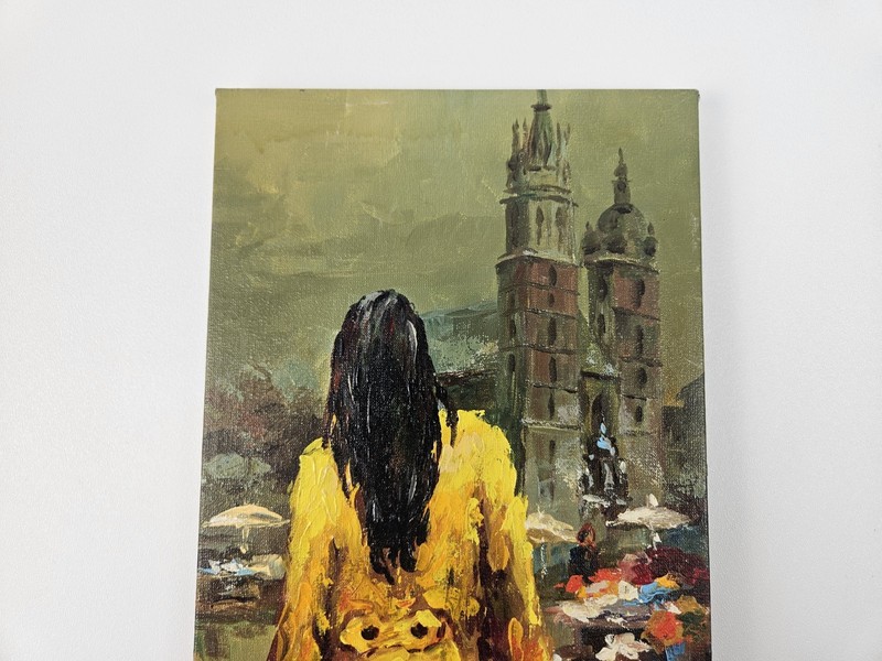 21st C Original 19"×7.75" Woman Walking Down Italian St Acrylic On Canvas Signed gallery