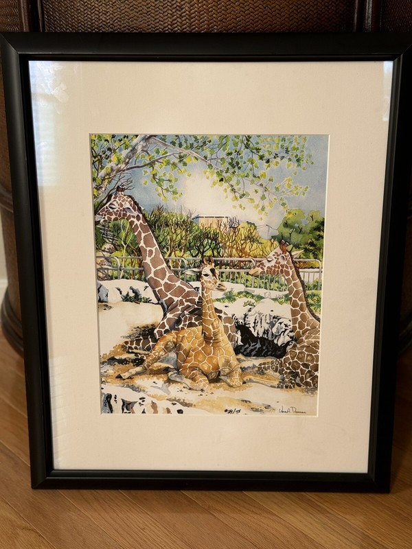 Giraffes Watercolor Black Framed Painting • 22”x18”Artist• Vera A. Dennen #34/75