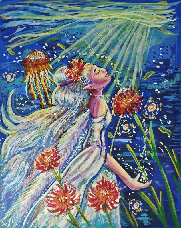 Original OOAK Underwater Fae Fairy 9×12 Acrylic/Ink Painting by Jo Luizen