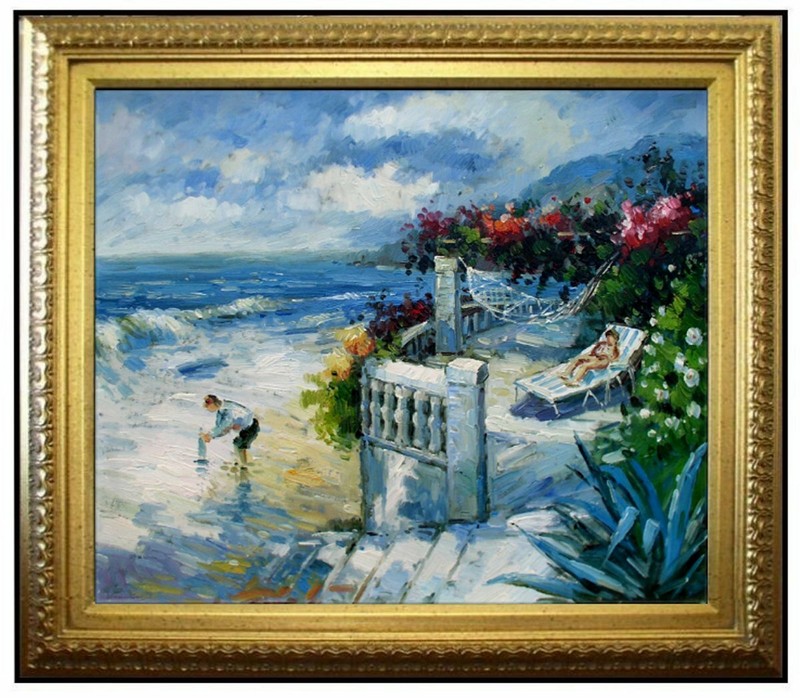 Framed, Relaxing on the Beach, Quality Hand Painted Oil Painting 20x24in
