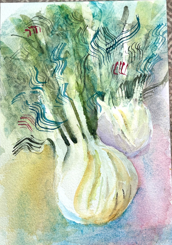 Original watercolor painting of fennel, signed by artist. Kitchen art. OOAK
