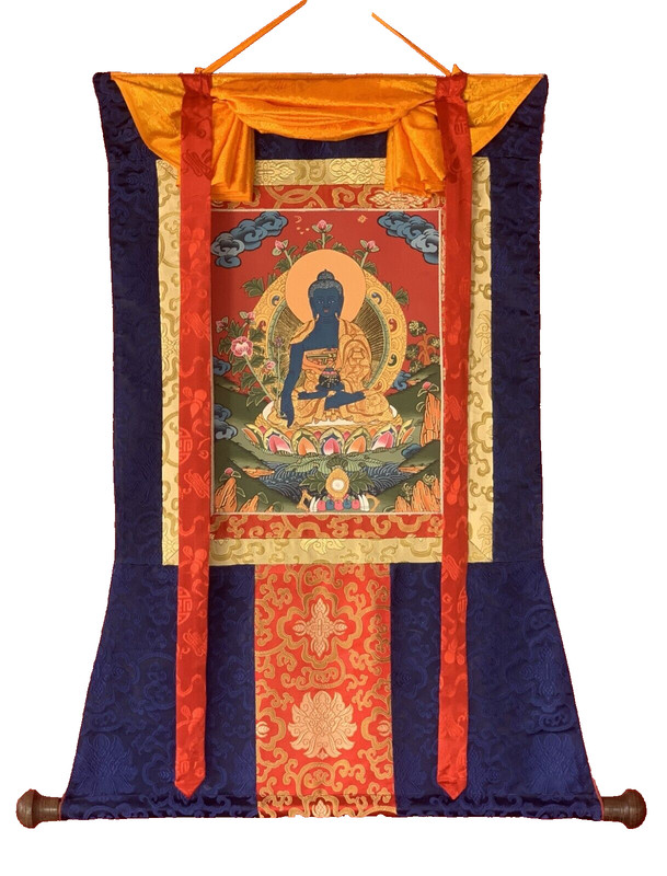 ORIGINAL HAND-PAINTED MEDICINE BUDDHA THANGKA/THANKA PAINTING WITH SILK BROCADE