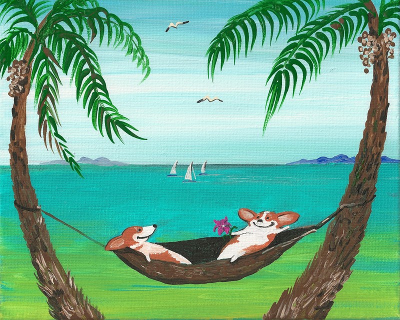 8×10 PRINT OF PAINTING RYTA PEMBROKE WELSH CORGI SEASCAPE Beach Dog Folk Art 🌺