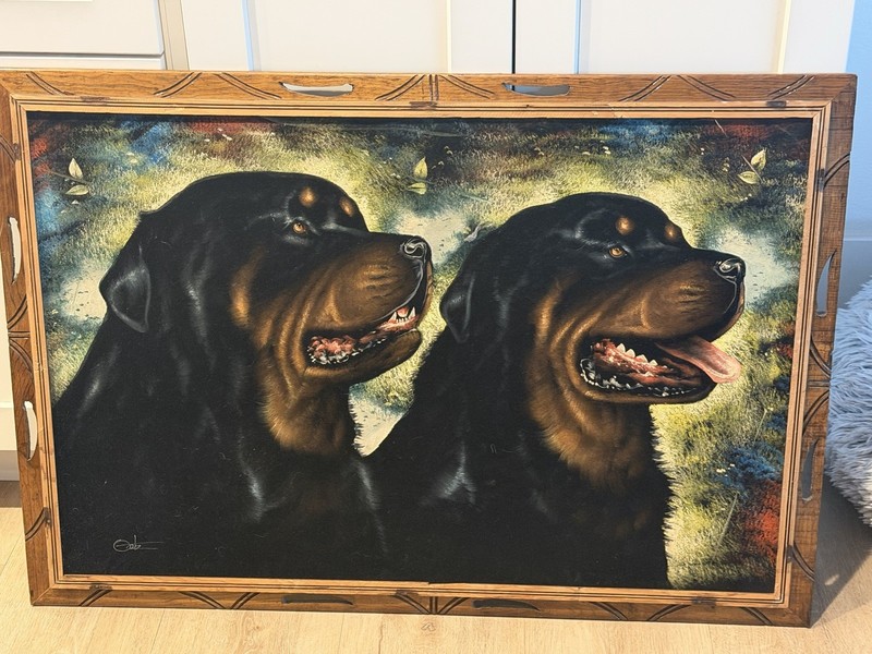 VINTAGE MCM BLACK VELVET ROTTWEILER DOG PAINTING large 27” x 39″ Ortiz Signed