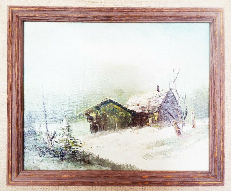 VINTAGE ORIGINAL SIGNED OIL ON WOOD W. SMITH WINTER CABIN PAINTING WOOD FRAMED gallery