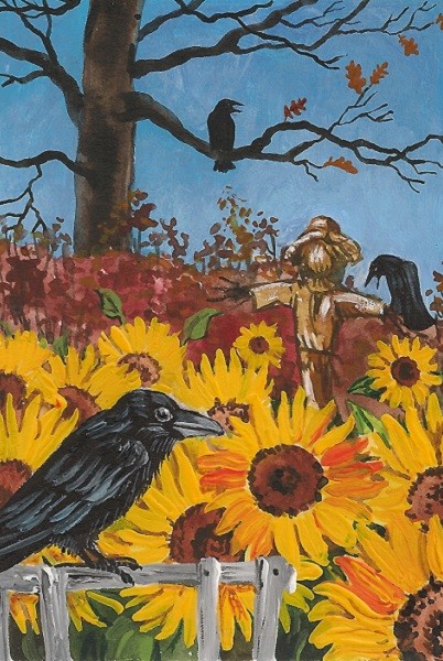 4×6 PRINT OF PAINTING RYTA CROW AUTUMN SCARECROW HALLOWEEN LANDSCAPE Folk Art 🎃
