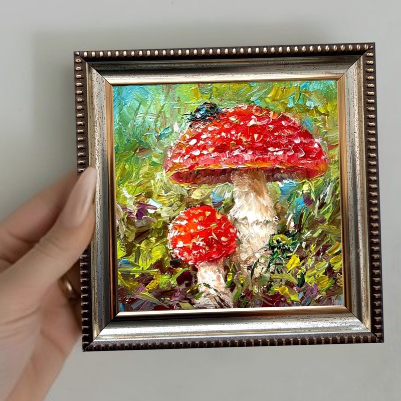 Fly Agaric Original Oil Painting Mushrooms5 Canvas Small Wall Art 4x4in OS