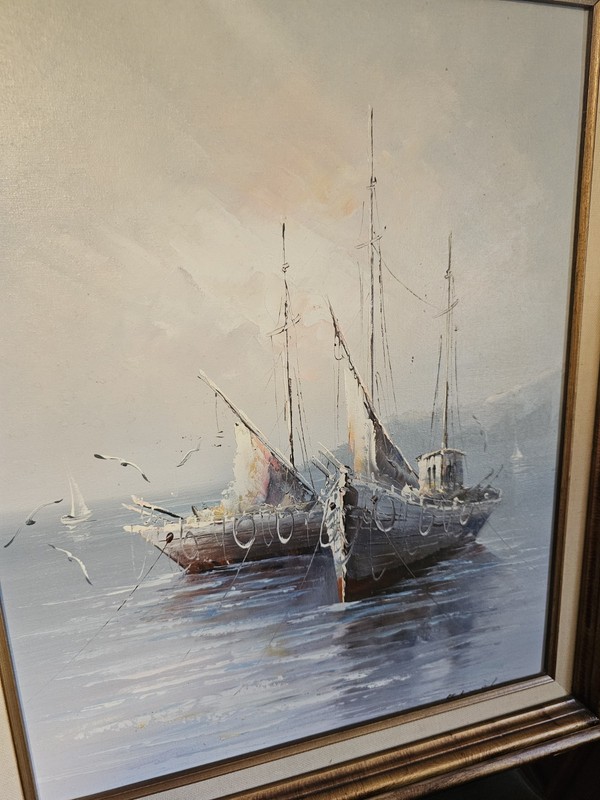 🔥 VINTAGE SIGNED OIL PAINTING ON CANVAS NAUTICAL SEASCAPE MARINE FISHERMAN gallery