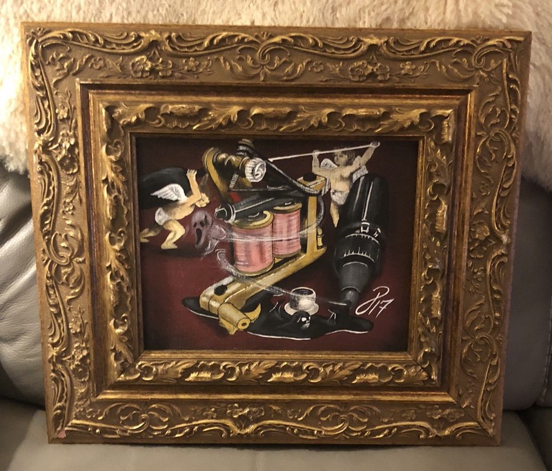 🔥Original Renaissance Cherubs Vintage Tattoo Machine Painting With Ornate Frame gallery