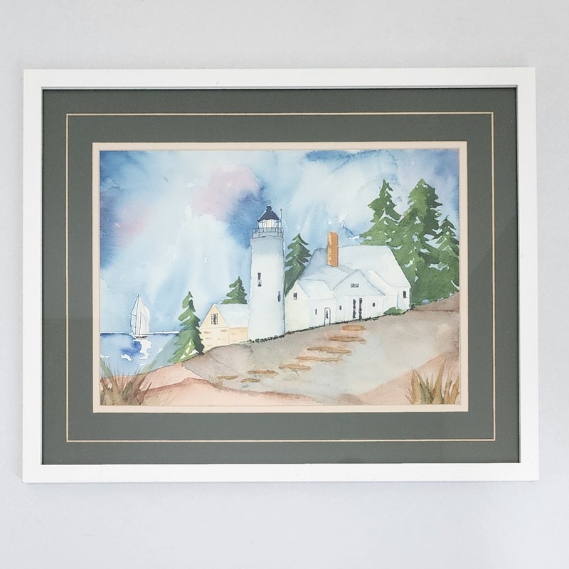 Nancy Original Watercolor Painting Lighthouse Island Cottage Sea Sailboat 17×20