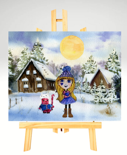 ACEO Print Art Cat Girl Winter Snow Christmas Scene Limited Ed 1 of 50 painting