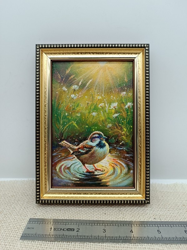 Sparrow Original Oil Painting 4x6 Framed Signed Bird in Puddle Floral Wall Art gallery