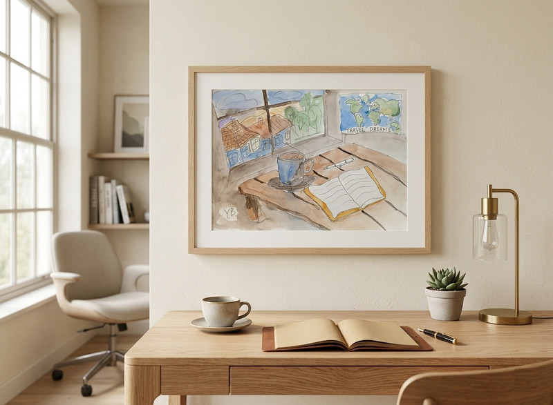 Original Watercolor Painting A3 Coffee Morning Writer Minimalist Wall Art Signed