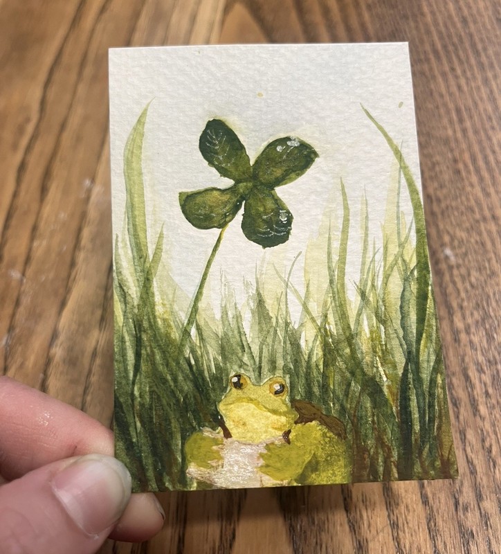 ACEO PRINT froggy’s adventure 1/2 lil frog clover Watercolor Painting 3.5x2.5 gallery