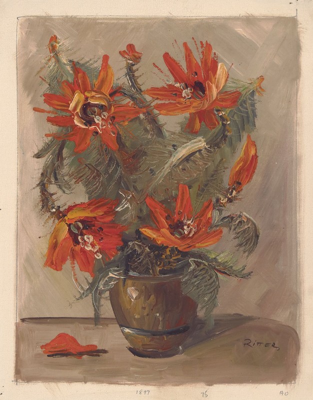 LEO RITTER Signed Vintage cMid-Lt 1960s Austrian Oil Painting FLORAL STILL LIFE