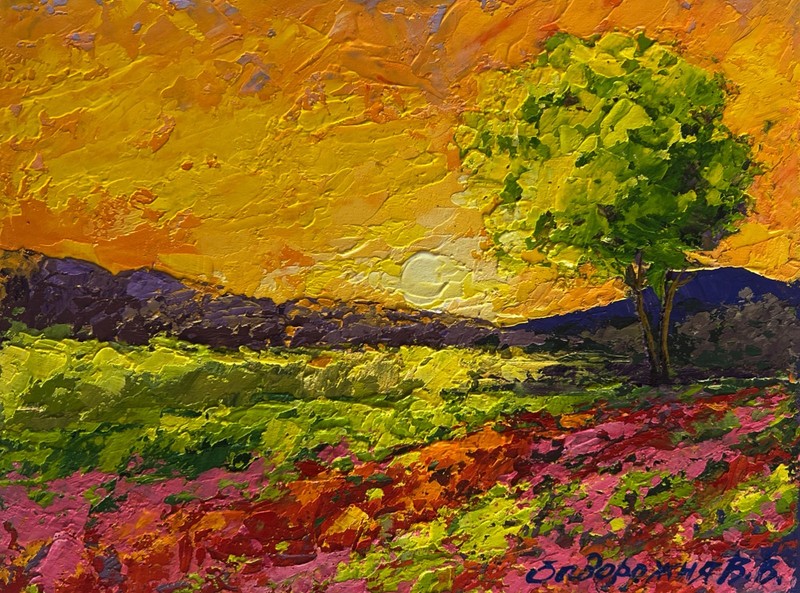 Oil Painting Setting Sun In The Field V. Zadorozhnya Unframed Original nAAA4615