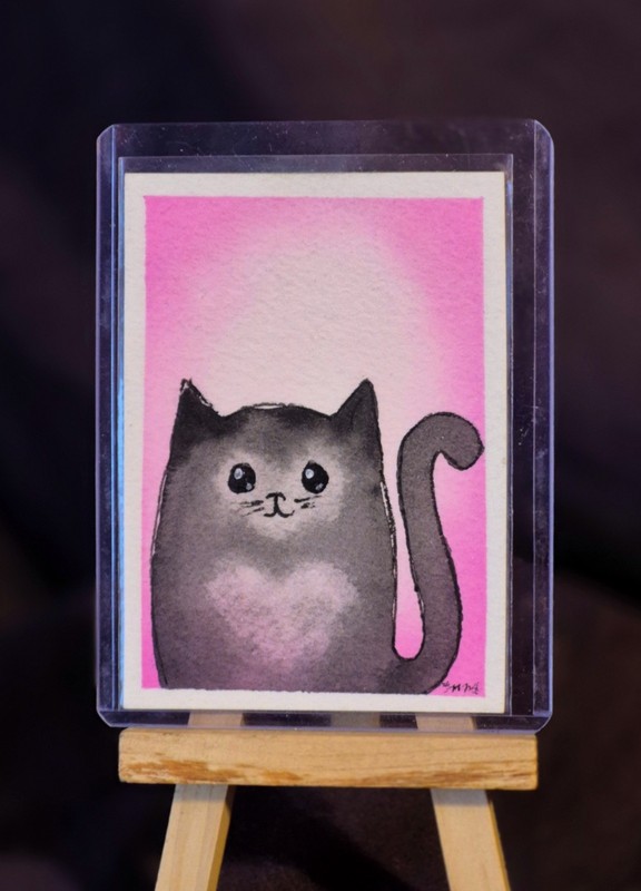 “Adoration” MM#55-ACEO Watercolor OOAK Signed Love Cat Smoky Heart