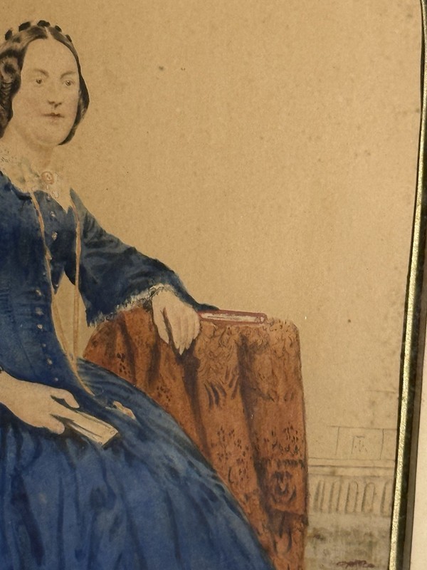 Antique Victorian Watercolor Portrait of Lady w/ Period Lemon Gold Frame gallery