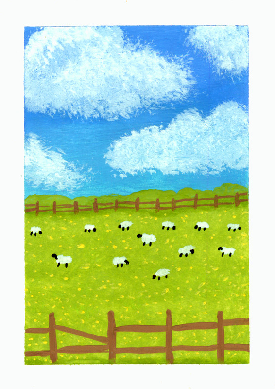 ACEO Original Sheep Field Farm Trees Landscape Mini Painting Art OneCraftyLady
