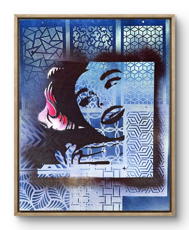 Original Female Portrait Painting 16×20 Acrylic Canvas Blue Black Pink Signed