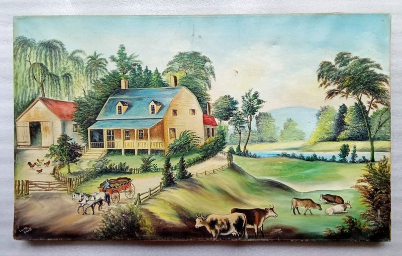 FOLK ART STYLE OIL PAINTING FARM SCENE HORSE WAGON COWS PASTURE BY LUELLA BACK